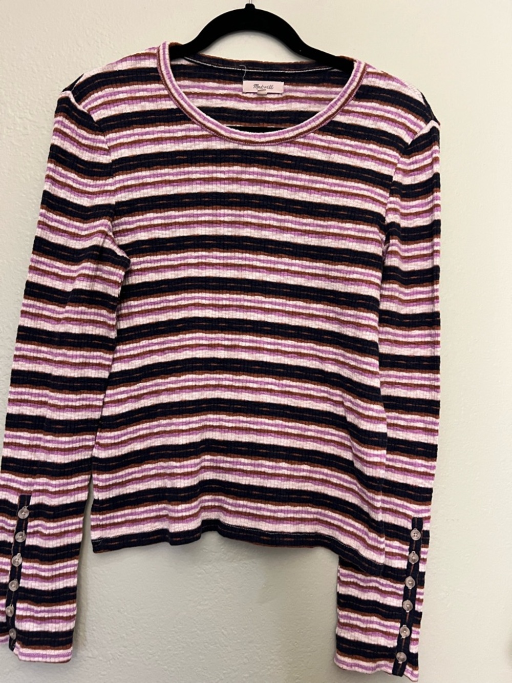 Madewell Striped Ribbed Top in Pink, Brown & Black L PTP 20 - Picture 2 of 7